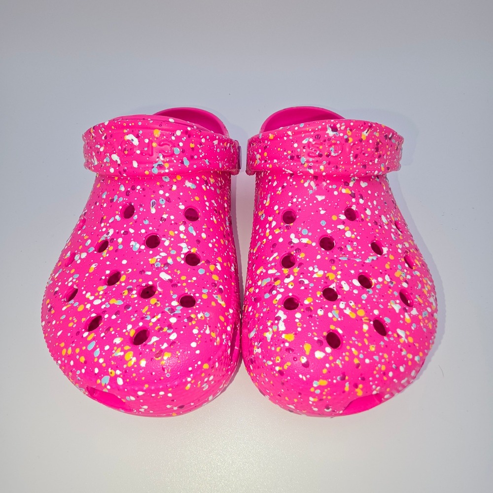 Crocs Classic Clog Electric Pink Paint Splatter Kids Size J4 Slip On Shoes NWOT